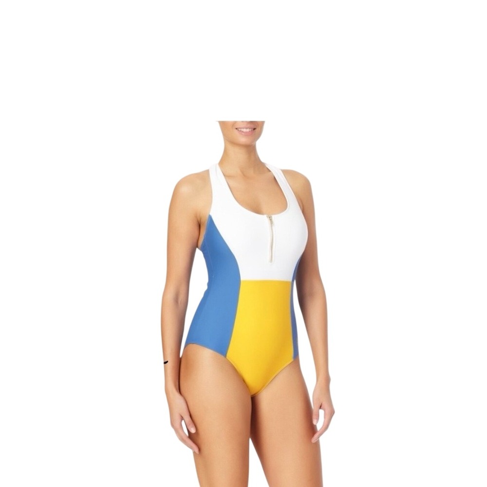 CLEARANCE-U.S. Polo Assn. White, Blue & Yellow Colorblock Zip-Front One-Piece